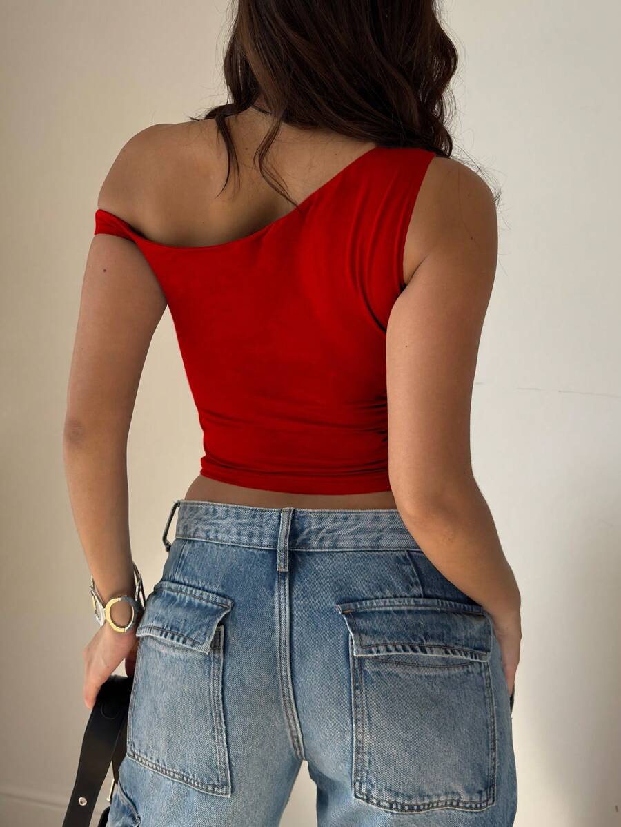 Women's Solid Color Casual Oblique Shoulder Short Sleeve Top
