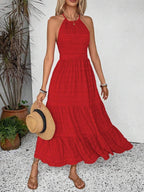 Breezaya Summer Holiday Solid Color Textured Backless Dress For New Year Clothes Maxi Vacation Beach Outfits Women