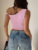 Women's Solid Color Casual Oblique Shoulder Short Sleeve Top