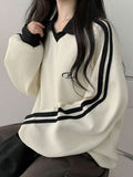 DAZY Women's Contrast Color Block Striped Long Sleeve Casual Letter Print Sweatshirt, Collegiate Style,Long Sleeve Tops,Fall Clothes