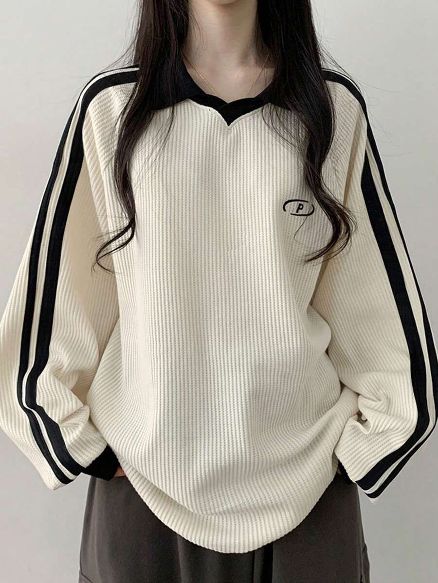 DAZY Women's Contrast Color Block Striped Long Sleeve Casual Letter Print Sweatshirt, Collegiate Style,Long Sleeve Tops,Fall Clothes