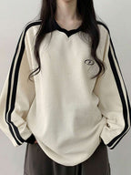 DAZY Women's Contrast Color Block Striped Long Sleeve Casual Letter Print Sweatshirt, Collegiate Style,Long Sleeve Tops,Fall Clothes