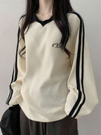 DAZY Women's Contrast Color Block Striped Long Sleeve Casual Letter Print Sweatshirt, Collegiate Style,Long Sleeve Tops,Fall Clothes