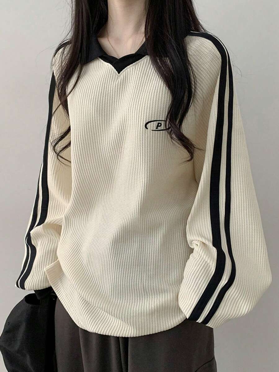 DAZY Women's Contrast Color Block Striped Long Sleeve Casual Letter Print Sweatshirt, Collegiate Style,Long Sleeve Tops,Fall Clothes