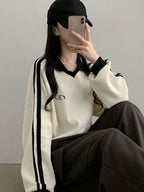 DAZY Women's Contrast Color Block Striped Long Sleeve Casual Letter Print Sweatshirt, Collegiate Style,Long Sleeve Tops,Fall Clothes