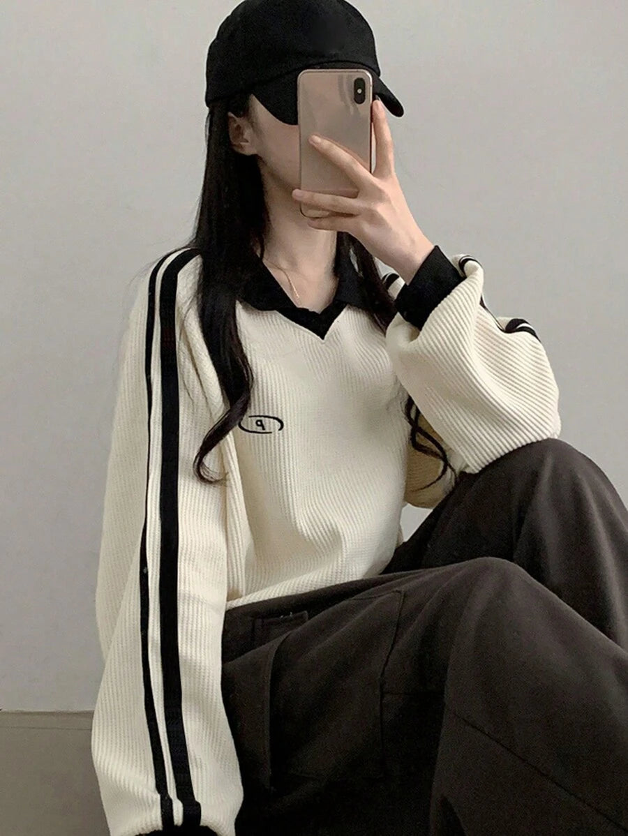 DAZY Women's Contrast Color Block Striped Long Sleeve Casual Letter Print Sweatshirt, Collegiate Style,Long Sleeve Tops,Fall Clothes