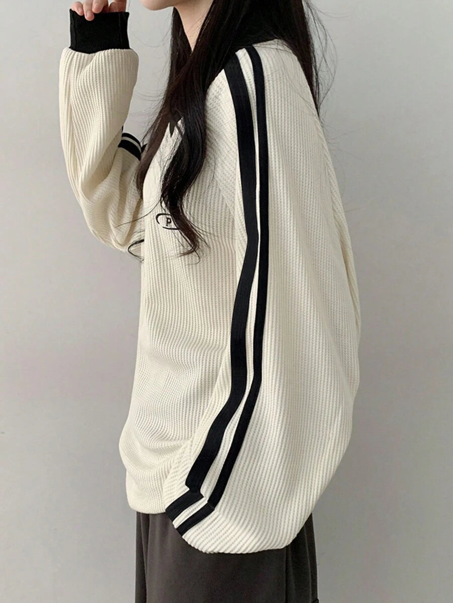 DAZY Women's Contrast Color Block Striped Long Sleeve Casual Letter Print Sweatshirt, Collegiate Style,Long Sleeve Tops,Fall Clothes