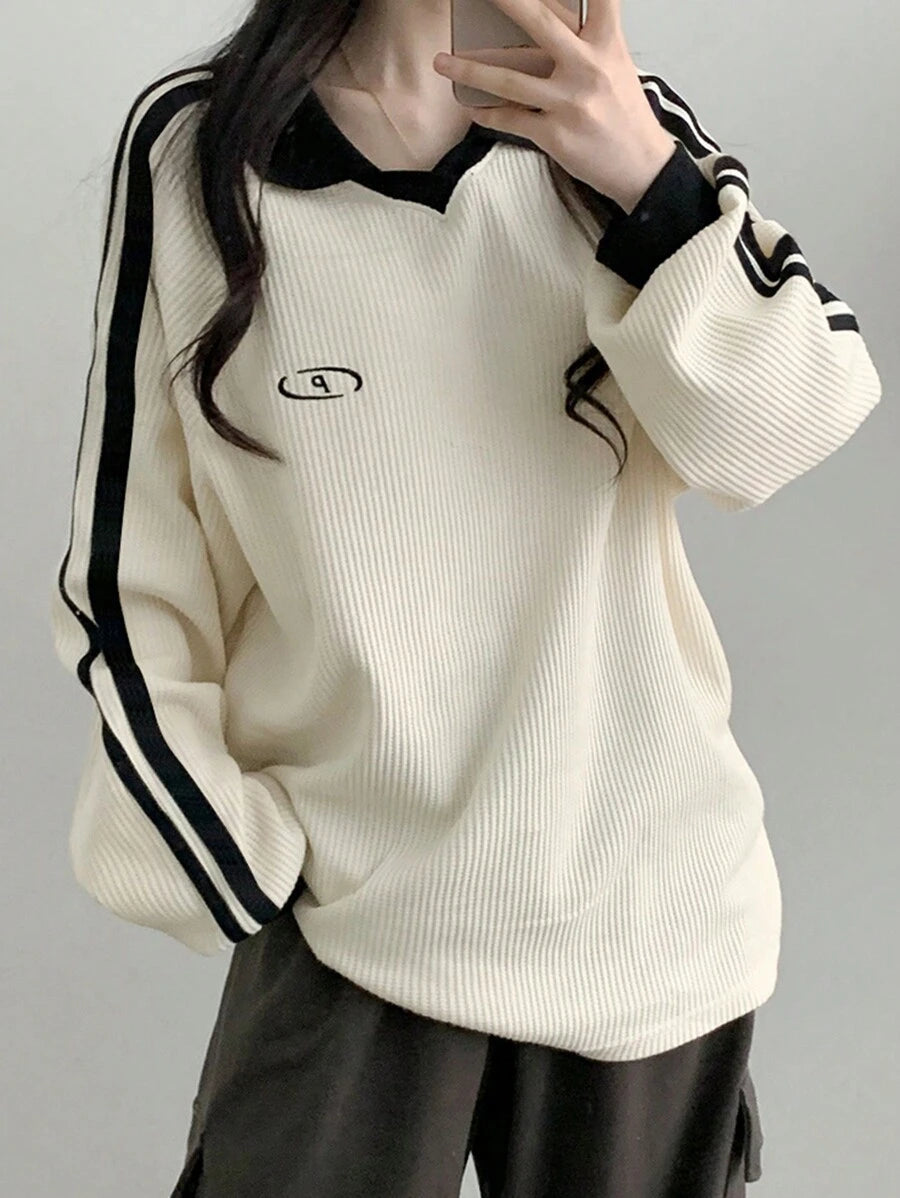 DAZY Women's Contrast Color Block Striped Long Sleeve Casual Letter Print Sweatshirt, Collegiate Style,Long Sleeve Tops,Fall Clothes