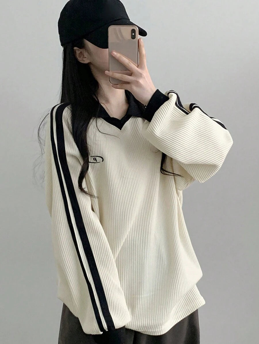 DAZY Women's Contrast Color Block Striped Long Sleeve Casual Letter Print Sweatshirt, Collegiate Style,Long Sleeve Tops,Fall Clothes