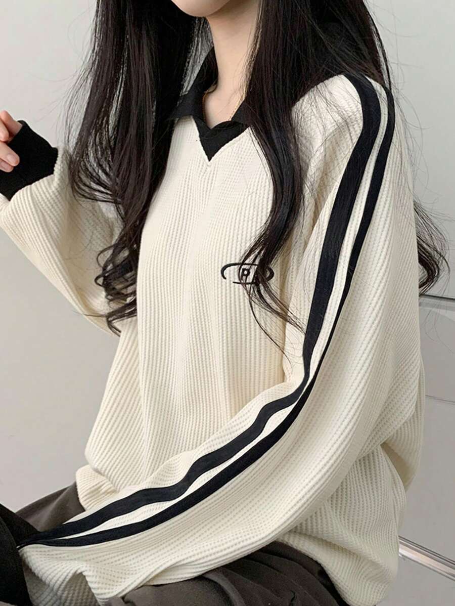 DAZY Women's Contrast Color Block Striped Long Sleeve Casual Letter Print Sweatshirt, Collegiate Style,Long Sleeve Tops,Fall Clothes