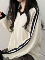 DAZY Women's Contrast Color Block Striped Long Sleeve Casual Letter Print Sweatshirt, Collegiate Style,Long Sleeve Tops,Fall Clothes
