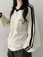 DAZY Women's Contrast Color Block Striped Long Sleeve Casual Letter Print Sweatshirt, Collegiate Style,Long Sleeve Tops,Fall Clothes