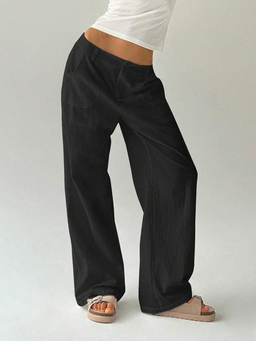 Easelle Women Plain Simple Low Waist Straight Leg Pants,Ladies Spring/Fall Casual Pocket,Zipper Ultra Low Waist Straight Leg Long Black Cotton Loose Women Pants,Casual Daily Wear
