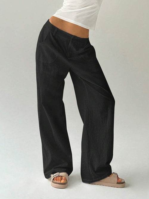 Easelle Women Plain Simple Low Waist Straight Leg Pants,Ladies Spring/Fall Casual Pocket,Zipper Ultra Low Waist Straight Leg Long Black Cotton Loose Women Pants,Casual Daily Wear