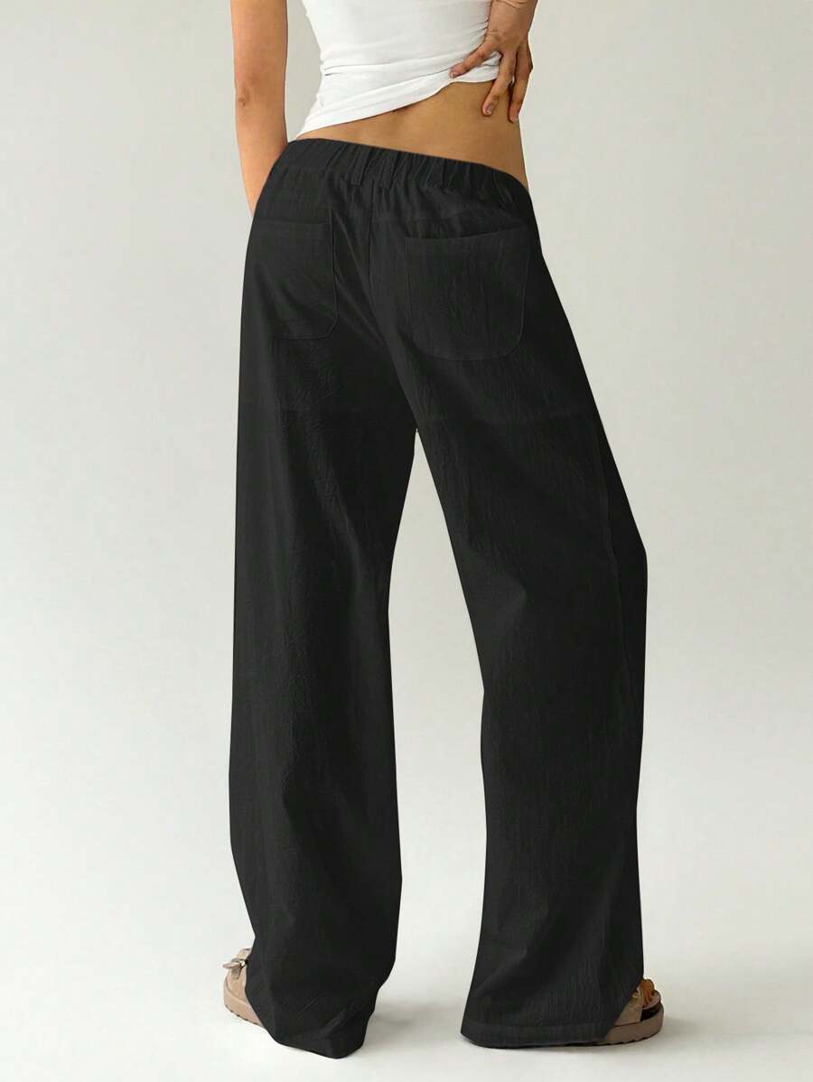 Easelle Women Plain Simple Low Waist Straight Leg Pants,Ladies Spring/Fall Casual Pocket,Zipper Ultra Low Waist Straight Leg Long Black Cotton Loose Women Pants,Casual Daily Wear