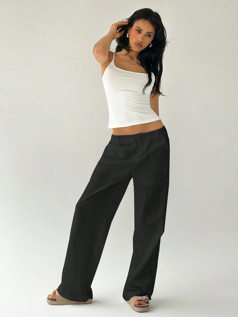 Easelle Women Plain Simple Low Waist Straight Leg Pants,Ladies Spring/Fall Casual Pocket,Zipper Ultra Low Waist Straight Leg Long Black Cotton Loose Women Pants,Casual Daily Wear