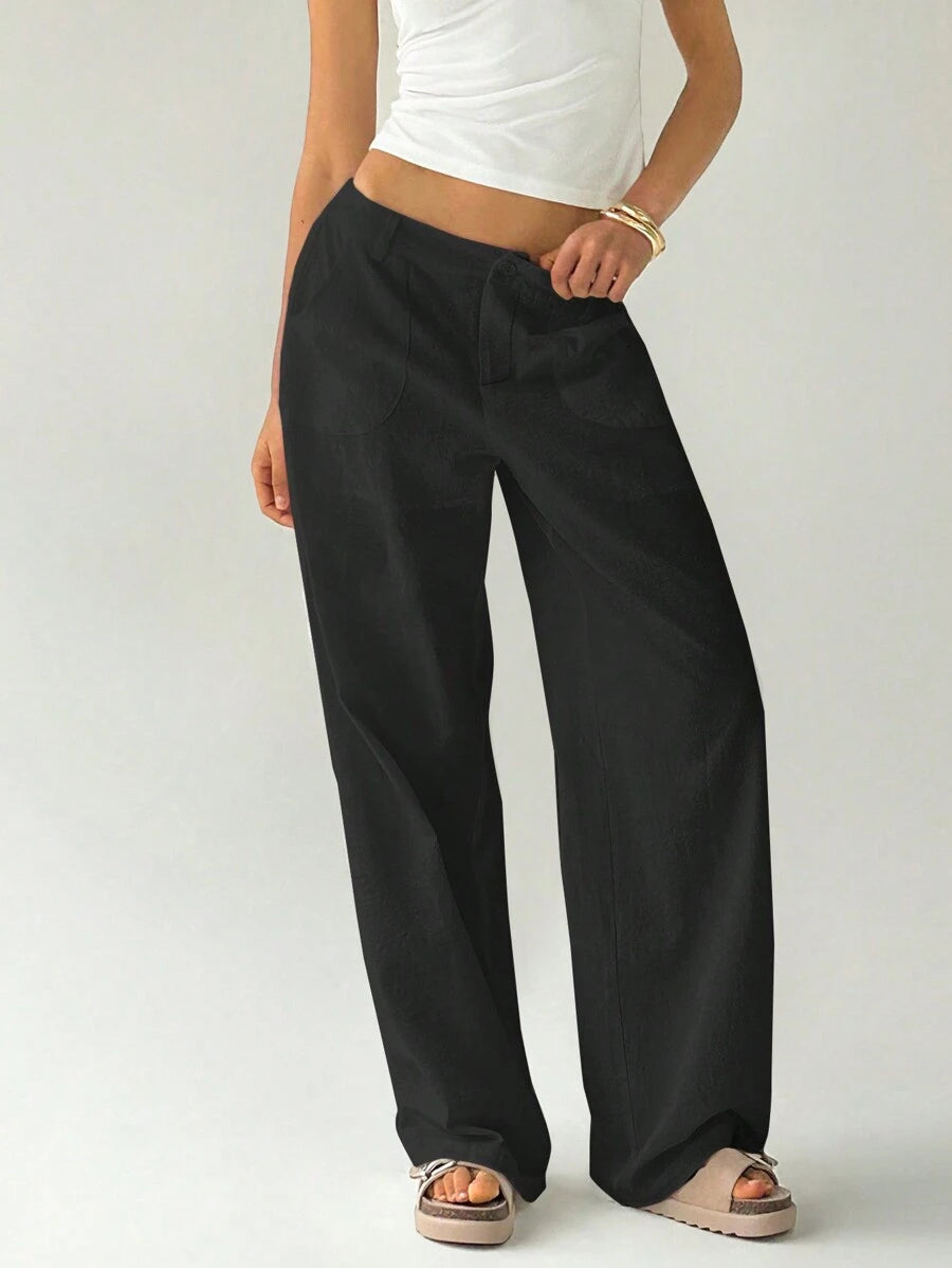 Easelle Women Plain Simple Low Waist Straight Leg Pants,Ladies Spring/Fall Casual Pocket,Zipper Ultra Low Waist Straight Leg Long Black Cotton Loose Women Pants,Casual Daily Wear
