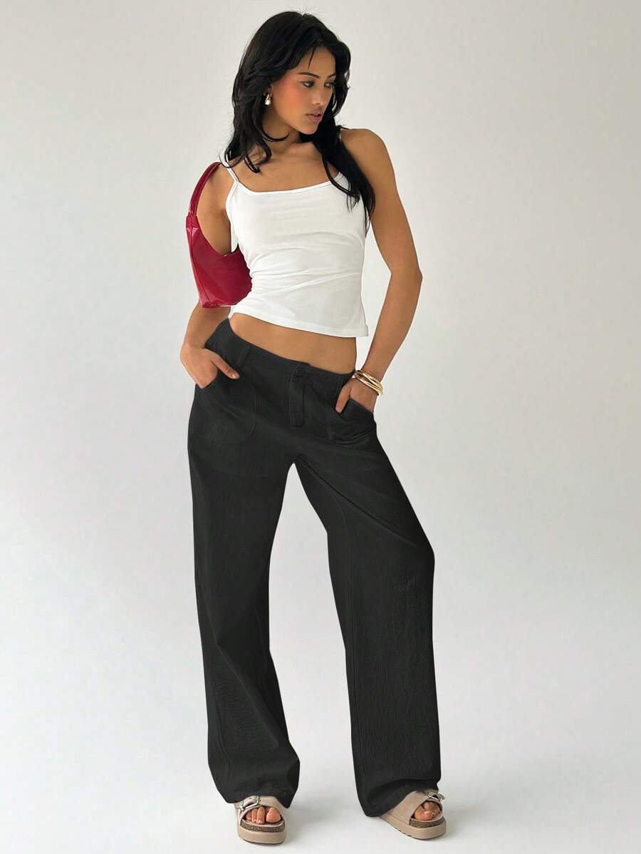 Easelle Women Plain Simple Low Waist Straight Leg Pants,Ladies Spring/Fall Casual Pocket,Zipper Ultra Low Waist Straight Leg Long Black Cotton Loose Women Pants,Casual Daily Wear