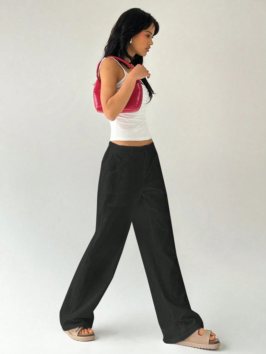 Easelle Women Plain Simple Low Waist Straight Leg Pants,Ladies Spring/Fall Casual Pocket,Zipper Ultra Low Waist Straight Leg Long Black Cotton Loose Women Pants,Casual Daily Wear