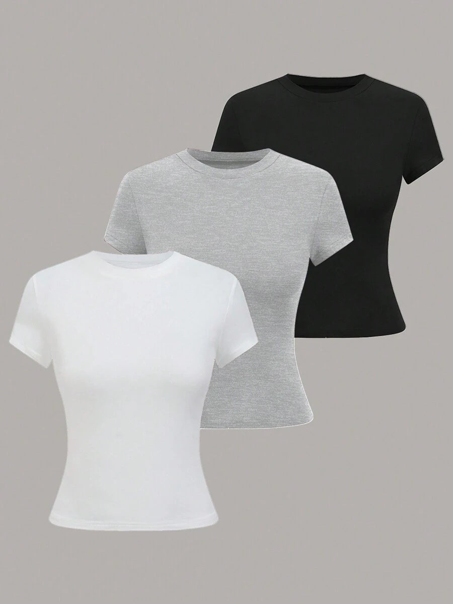 SHEIN LUNE Women's Solid Color Minimalist Regular Crew Neck Short Sleeve T-Shirt