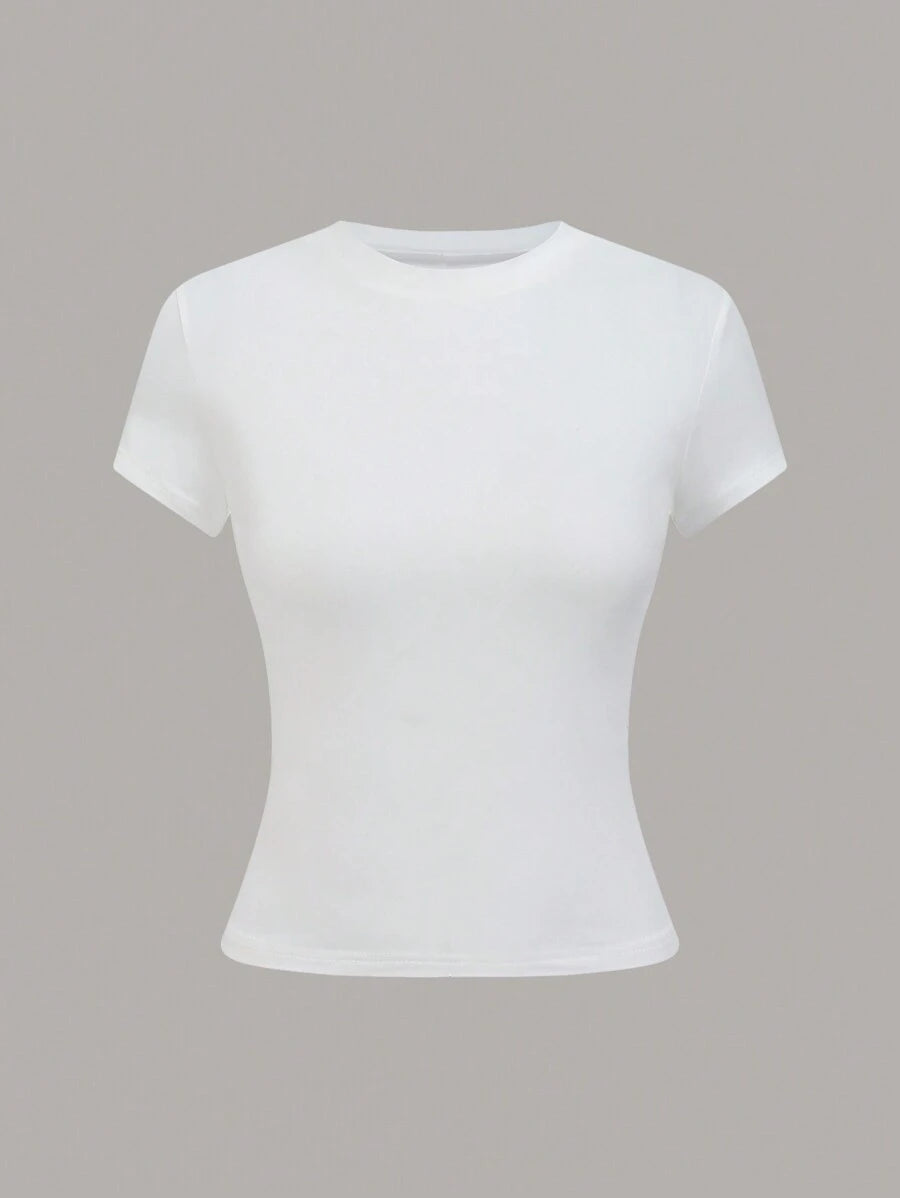 SHEIN LUNE Women's Solid Color Minimalist Regular Crew Neck Short Sleeve T-Shirt