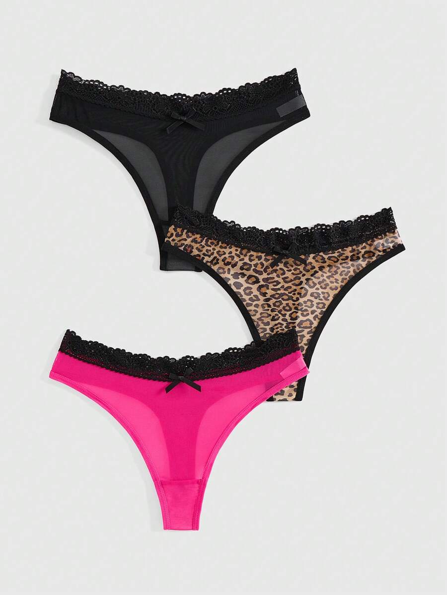 ROMWE J-Fashion 3pcs Y2K Harajuku Leopard Print Mesh & Lace Trim Women Narrow Band Brief Panty Set