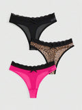ROMWE J-Fashion 3pcs Y2K Harajuku Leopard Print Mesh & Lace Trim Women Narrow Band Brief Panty Set