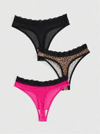 ROMWE J-Fashion 3pcs Y2K Harajuku Leopard Print Mesh & Lace Trim Women Narrow Band Brief Panty Set