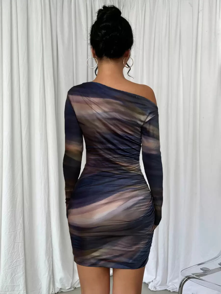 Selianne 1pc Women Fitted Tie Dye Print Ruched Oblique Shoulder Long Sleeve Dress For New Year Clothes Fall Cloth For Women