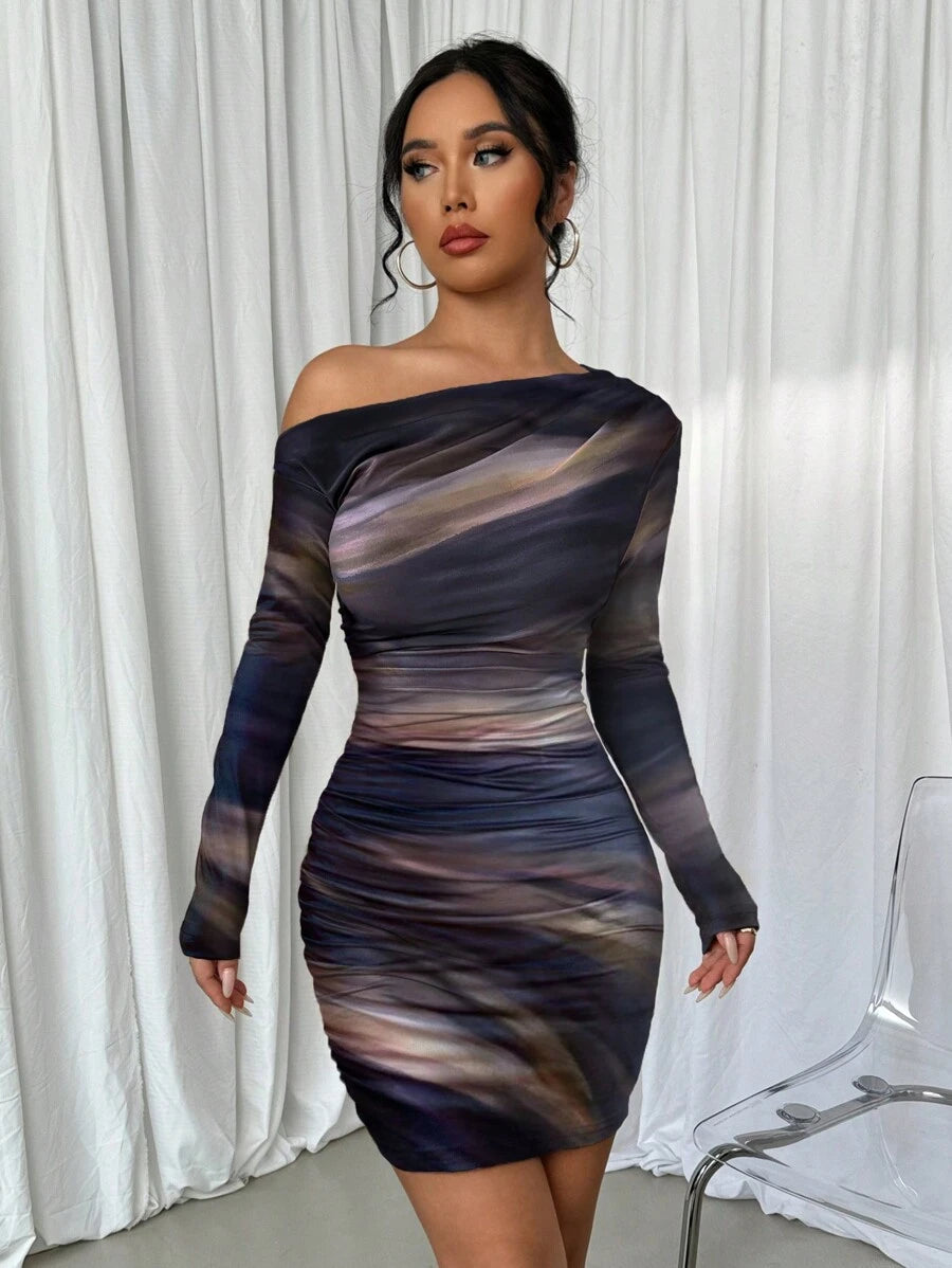 Selianne 1pc Women Fitted Tie Dye Print Ruched Oblique Shoulder Long Sleeve Dress For New Year Clothes Fall Cloth For Women