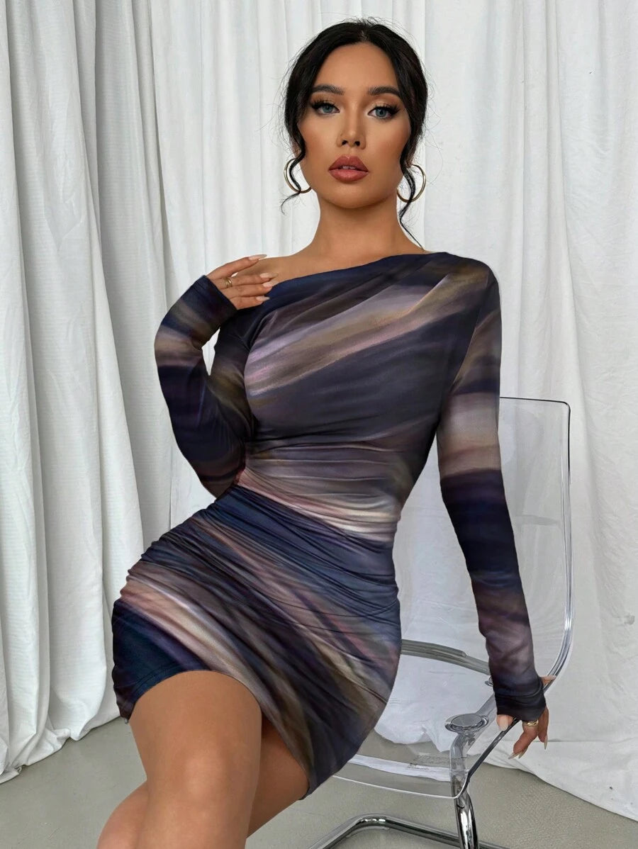 Selianne 1pc Women Fitted Tie Dye Print Ruched Oblique Shoulder Long Sleeve Dress For New Year Clothes Fall Cloth For Women
