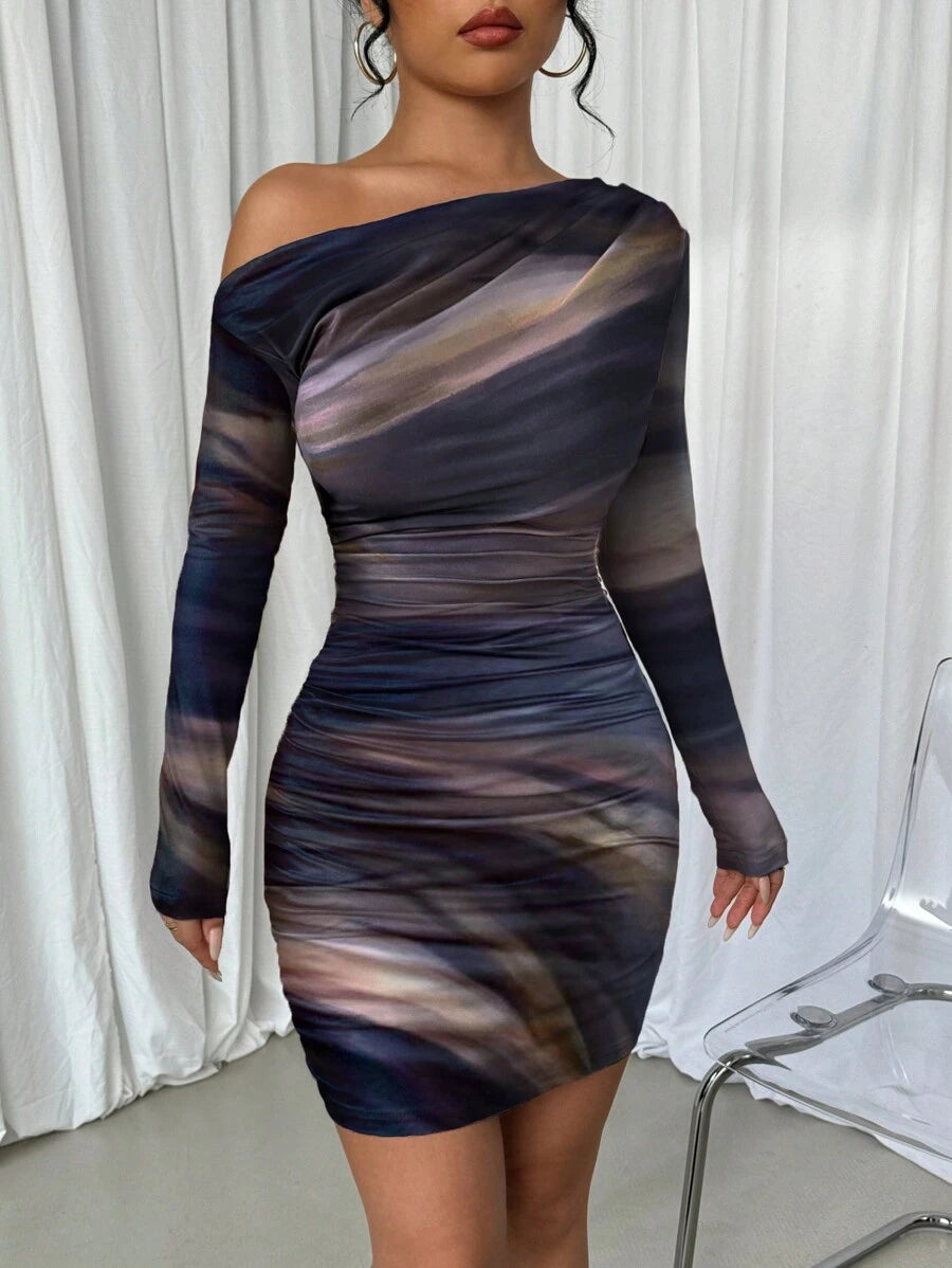 Selianne 1pc Women Fitted Tie Dye Print Ruched Oblique Shoulder Long Sleeve Dress For New Year Clothes Fall Cloth For Women