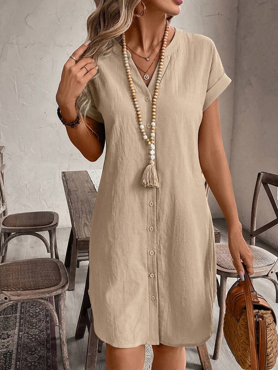 EMERY ROSE Solid Notched Button Front Batwing Sleeve Shirt Dress,Summer Dresses For Women