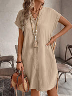 EMERY ROSE Solid Notched Button Front Batwing Sleeve Shirt Dress,Summer Dresses For Women