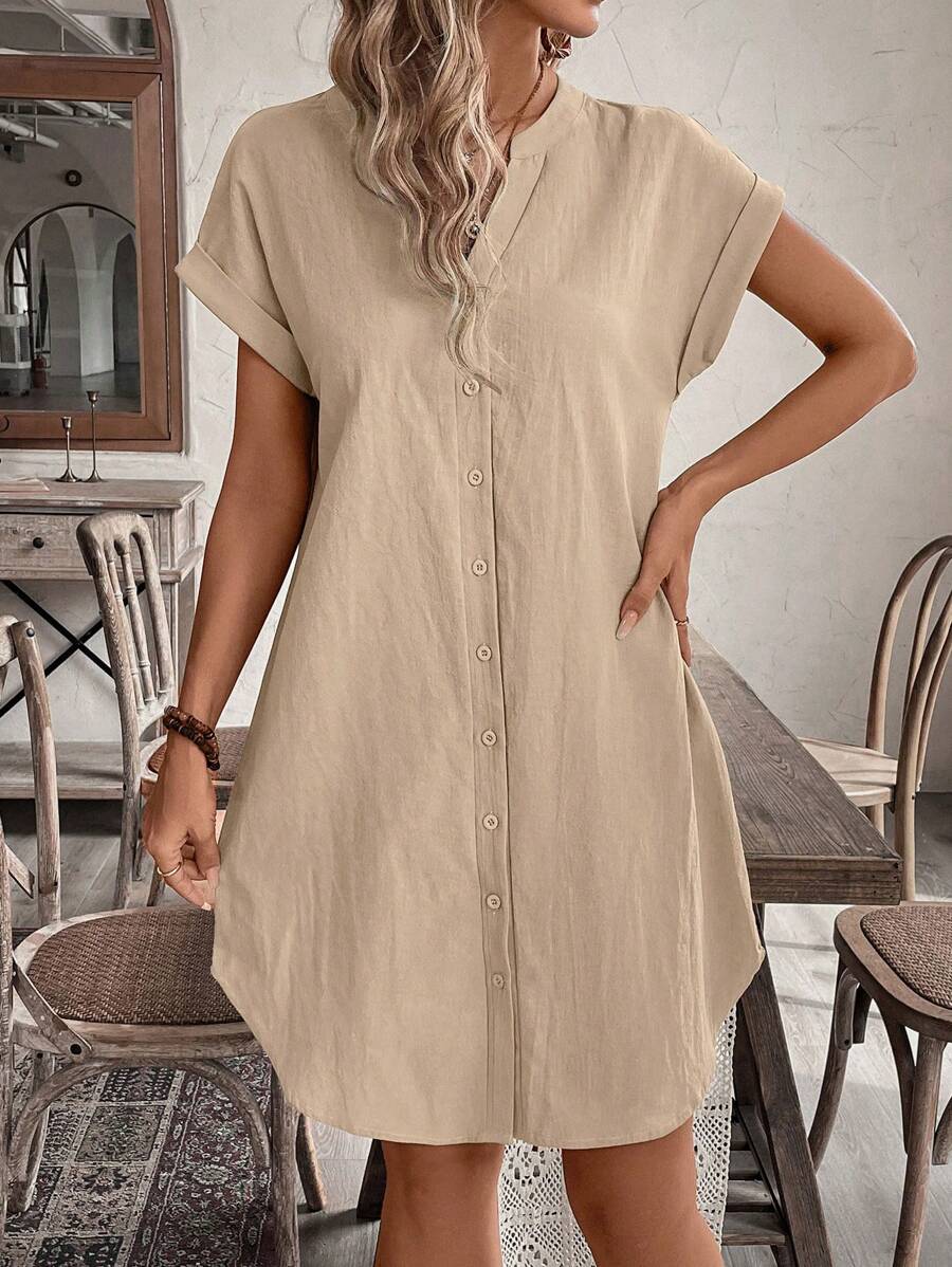 EMERY ROSE Solid Notched Button Front Batwing Sleeve Shirt Dress,Summer Dresses For Women