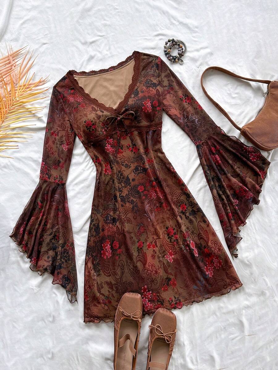 Soleia Vintage Print Butterfly Pattern V-Neck Long Sleeve Asymmetrical Hem Mini Dress, Fashion Fringe Trim Knit Net Fabric Print Dress For Festival,Party & Afternoon Tea
