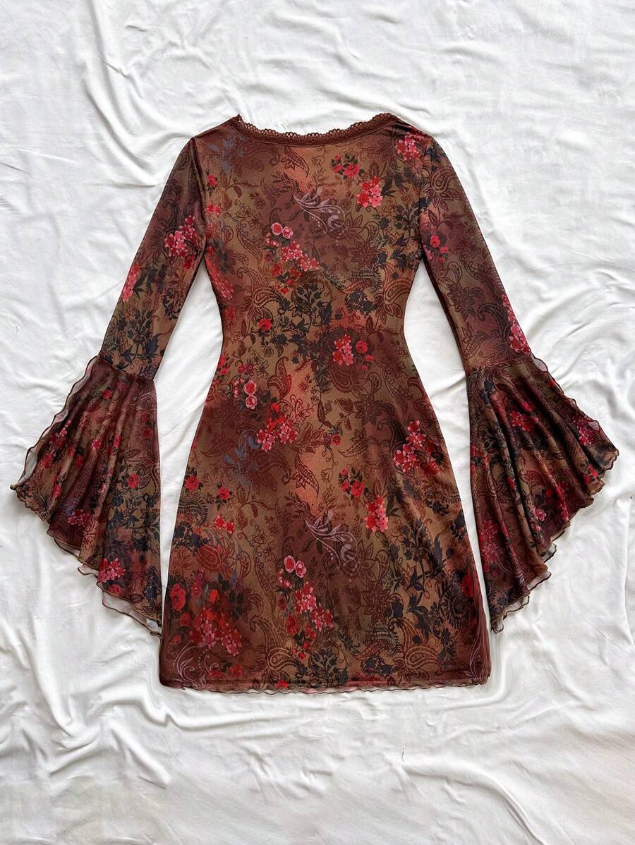Soleia Vintage Print Butterfly Pattern V-Neck Long Sleeve Asymmetrical Hem Mini Dress, Fashion Fringe Trim Knit Net Fabric Print Dress For Festival,Party & Afternoon Tea