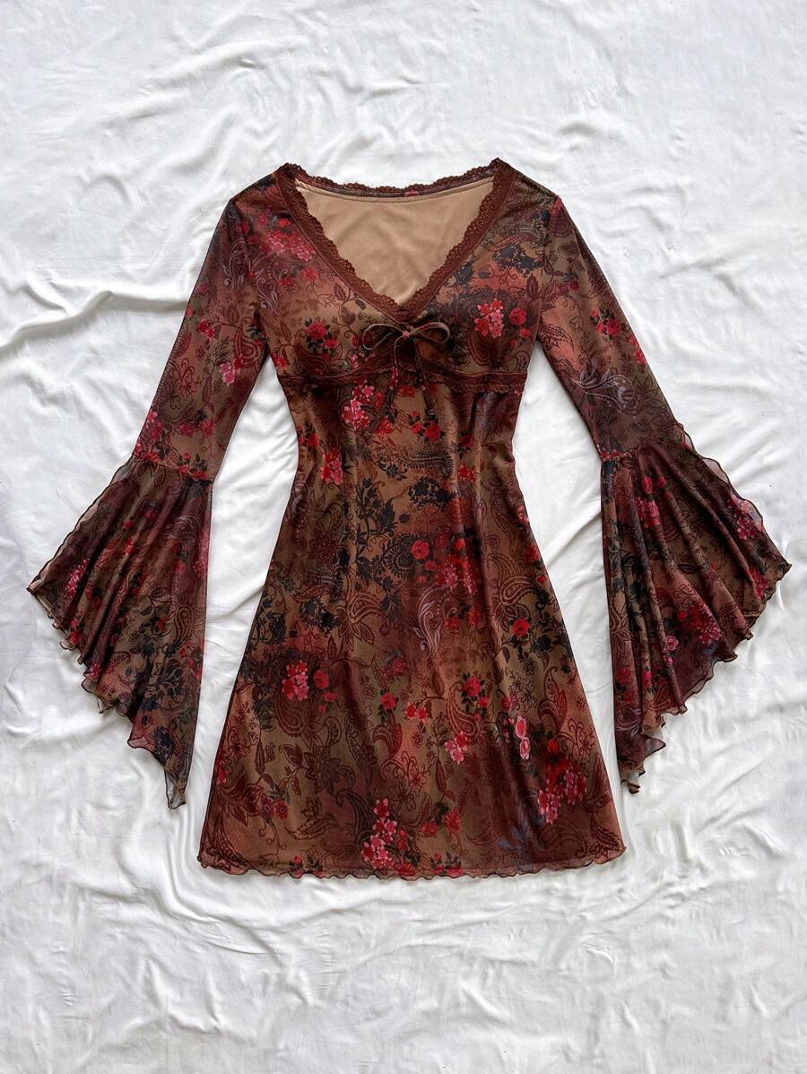 Soleia Vintage Print Butterfly Pattern V-Neck Long Sleeve Asymmetrical Hem Mini Dress, Fashion Fringe Trim Knit Net Fabric Print Dress For Festival,Party & Afternoon Tea
