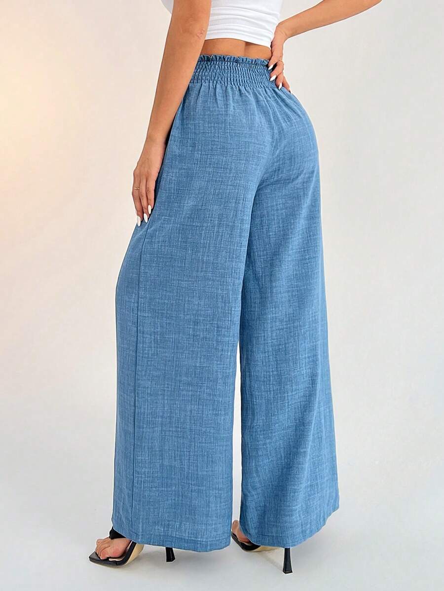 SHEIN PETITE Women's Casual Vacation Waistband Blue Wide Leg Pants Work Pants
