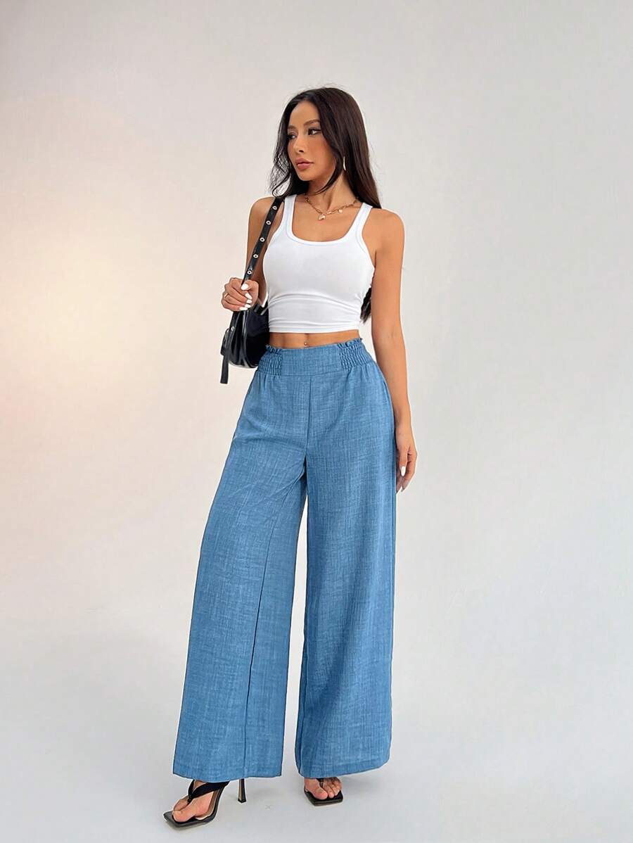 SHEIN PETITE Women's Casual Vacation Waistband Blue Wide Leg Pants Work Pants