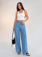 SHEIN PETITE Women's Casual Vacation Waistband Blue Wide Leg Pants Work Pants