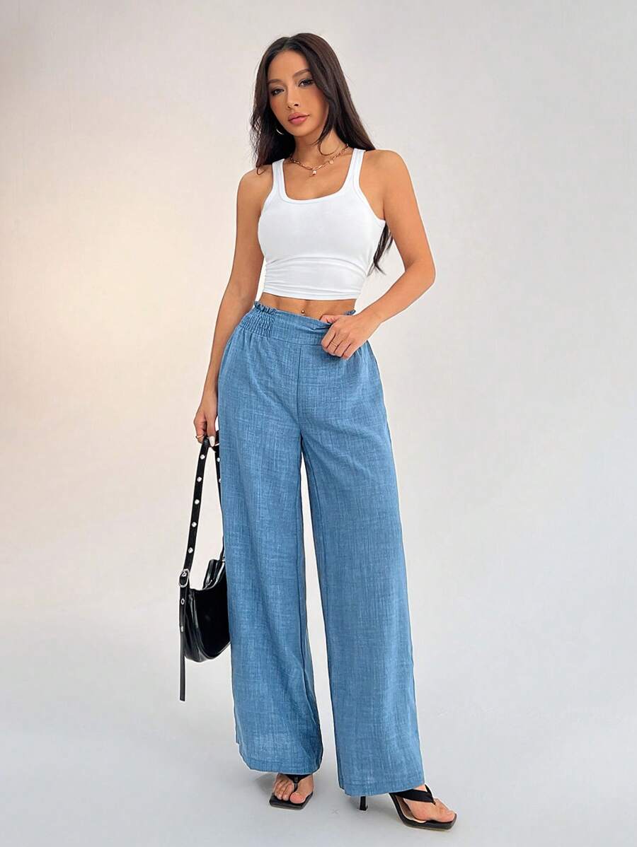 SHEIN PETITE Women's Casual Vacation Waistband Blue Wide Leg Pants Work Pants