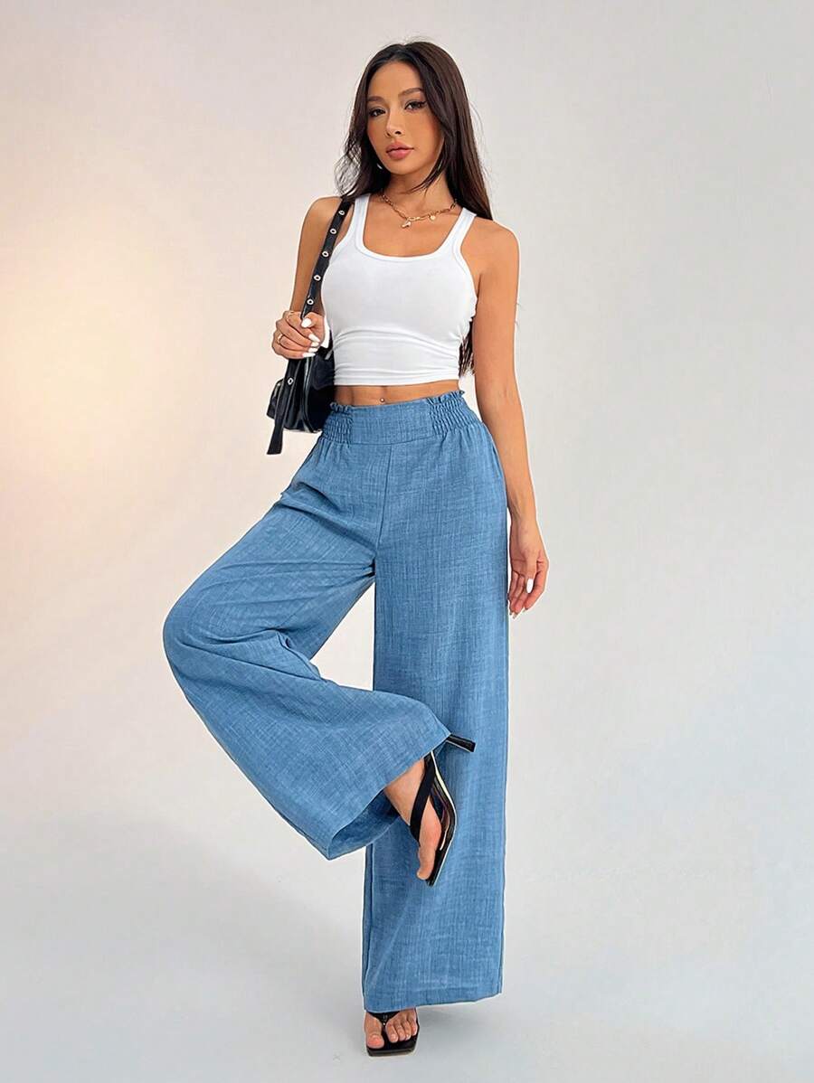 SHEIN PETITE Women's Casual Vacation Waistband Blue Wide Leg Pants Work Pants