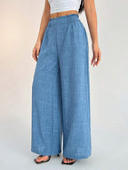 SHEIN PETITE Women's Casual Vacation Waistband Blue Wide Leg Pants Work Pants