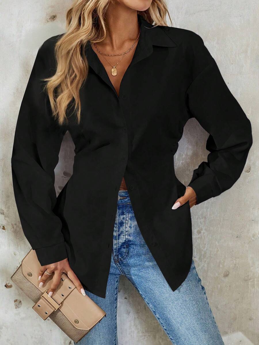 Airlisse Women's French Elegant Casual Cinched Waist Ruched Long Sleeve White Blouse, Suitable For Work And School