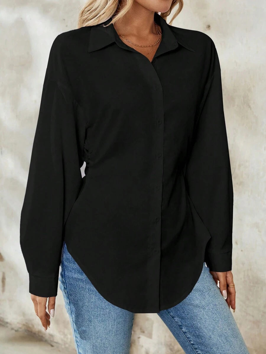Airlisse Women's French Elegant Casual Cinched Waist Ruched Long Sleeve White Blouse, Suitable For Work And School