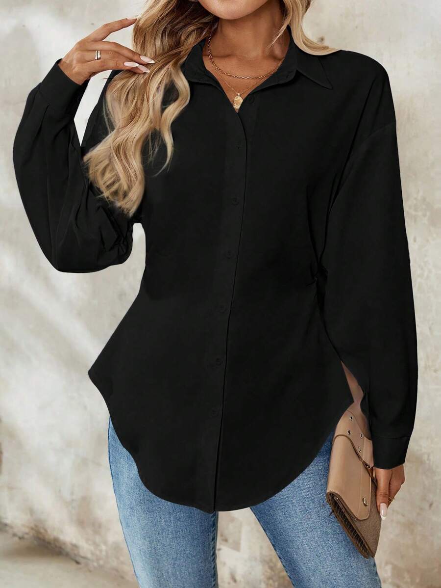 Airlisse Women's French Elegant Casual Cinched Waist Ruched Long Sleeve White Blouse, Suitable For Work And School