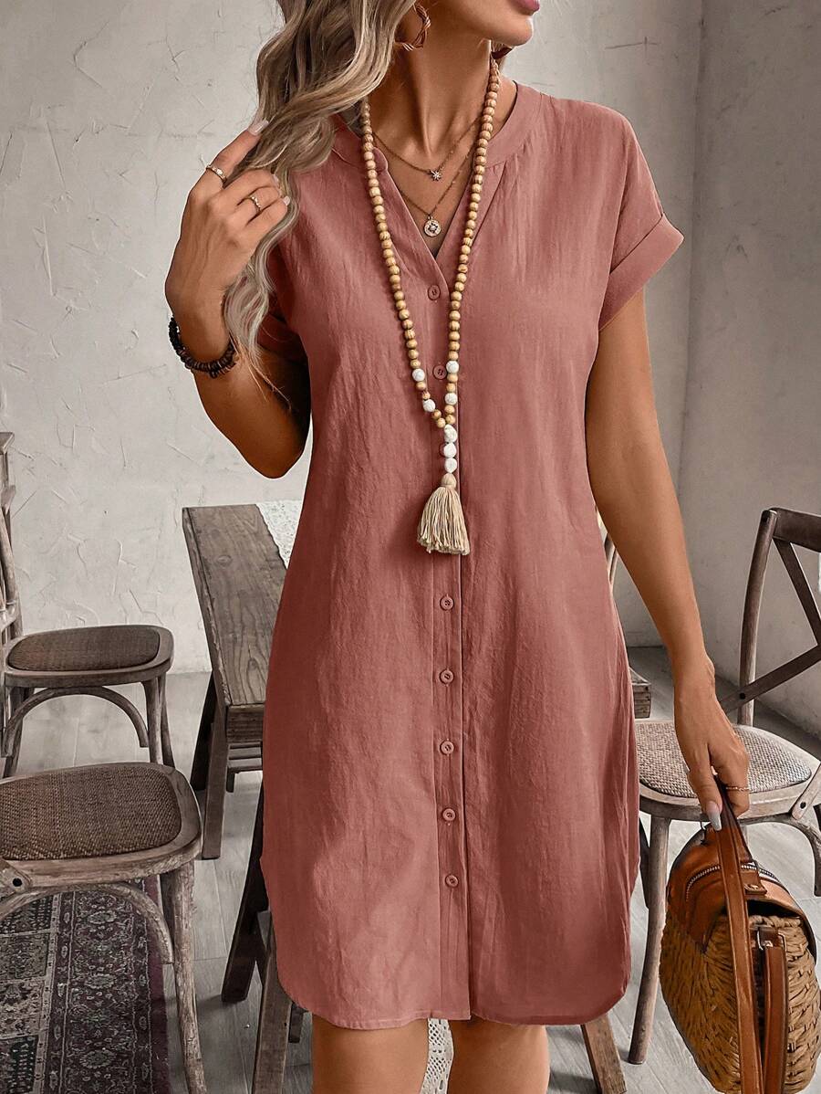 EMERY ROSE Solid Notched Button Front Batwing Sleeve Shirt Dress,Summer Dresses For Women