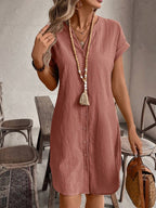 EMERY ROSE Solid Notched Button Front Batwing Sleeve Shirt Dress,Summer Dresses For Women