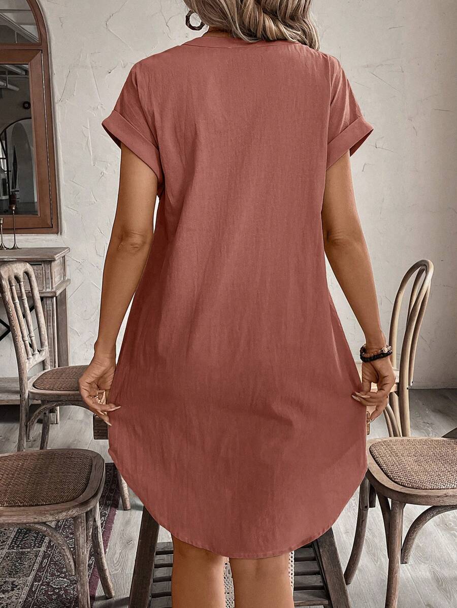 EMERY ROSE Solid Notched Button Front Batwing Sleeve Shirt Dress,Summer Dresses For Women